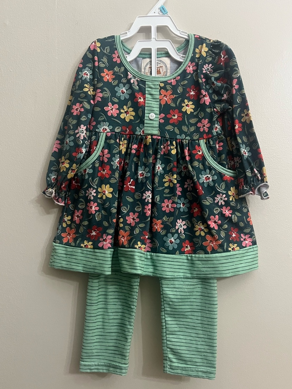 Girls Floral Tunic & Striped Leggings Set - Green Multi